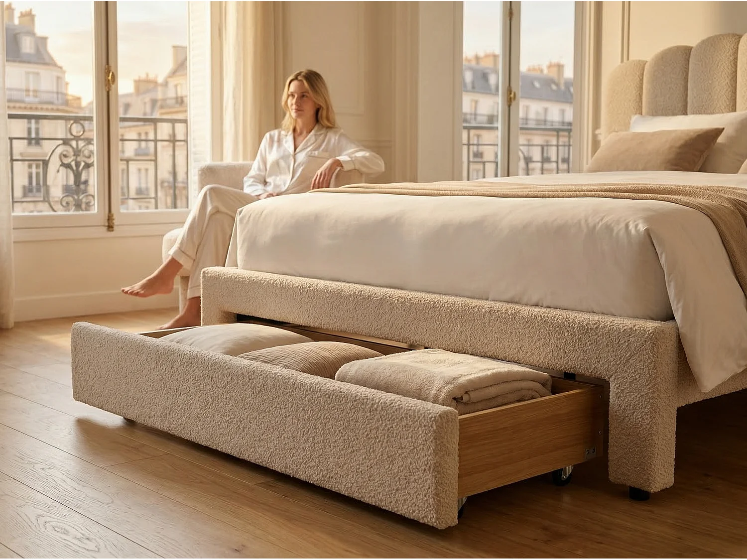 Lit rembourré avec tiroir de rangement, tête de lit ondulée, tissu teddy, USB, sommier à lattes, coloris crème