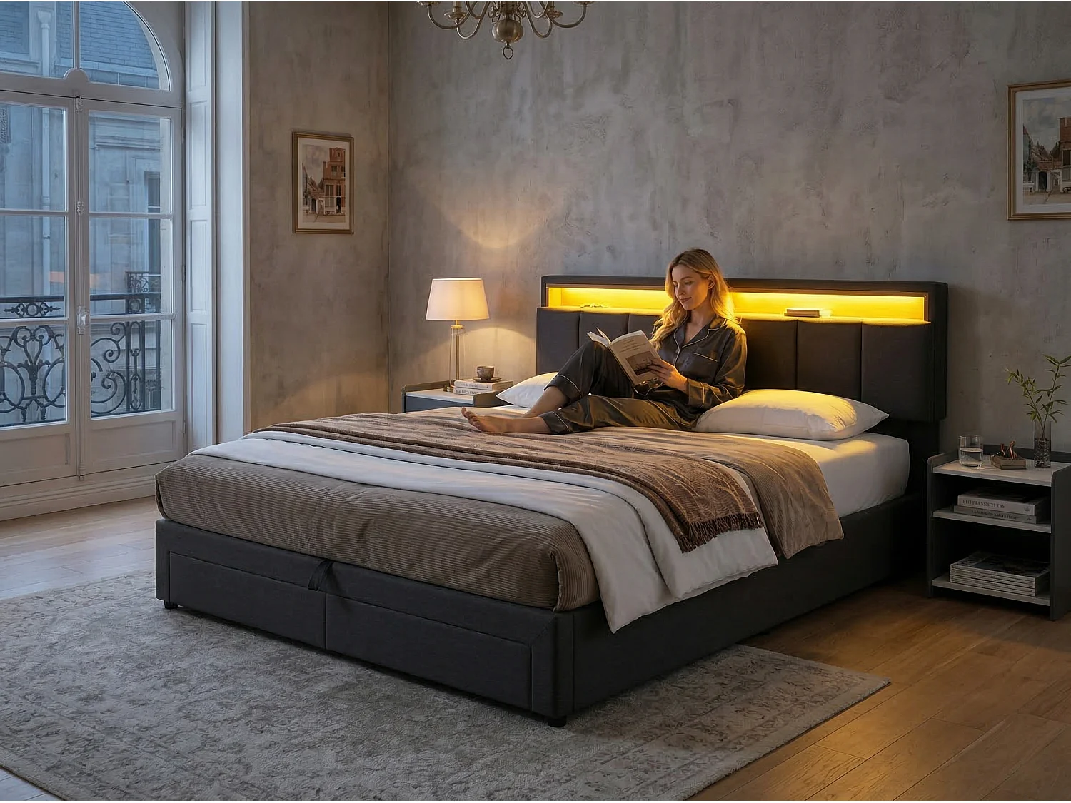 Lit double 180x200 cm tissu lin gris, tête de lit rembourrée avec LED, sommier à lattes, cadre robuste en bois, lit moderne adulte