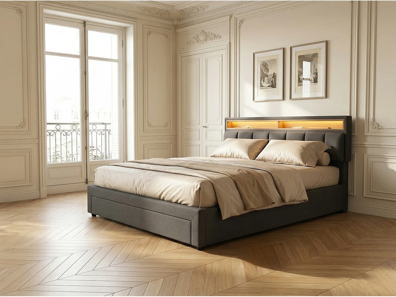Lit double 180x200 cm tissu lin gris, tête de lit rembourrée avec LED, sommier à lattes, cadre robuste en bois, lit moderne adulte