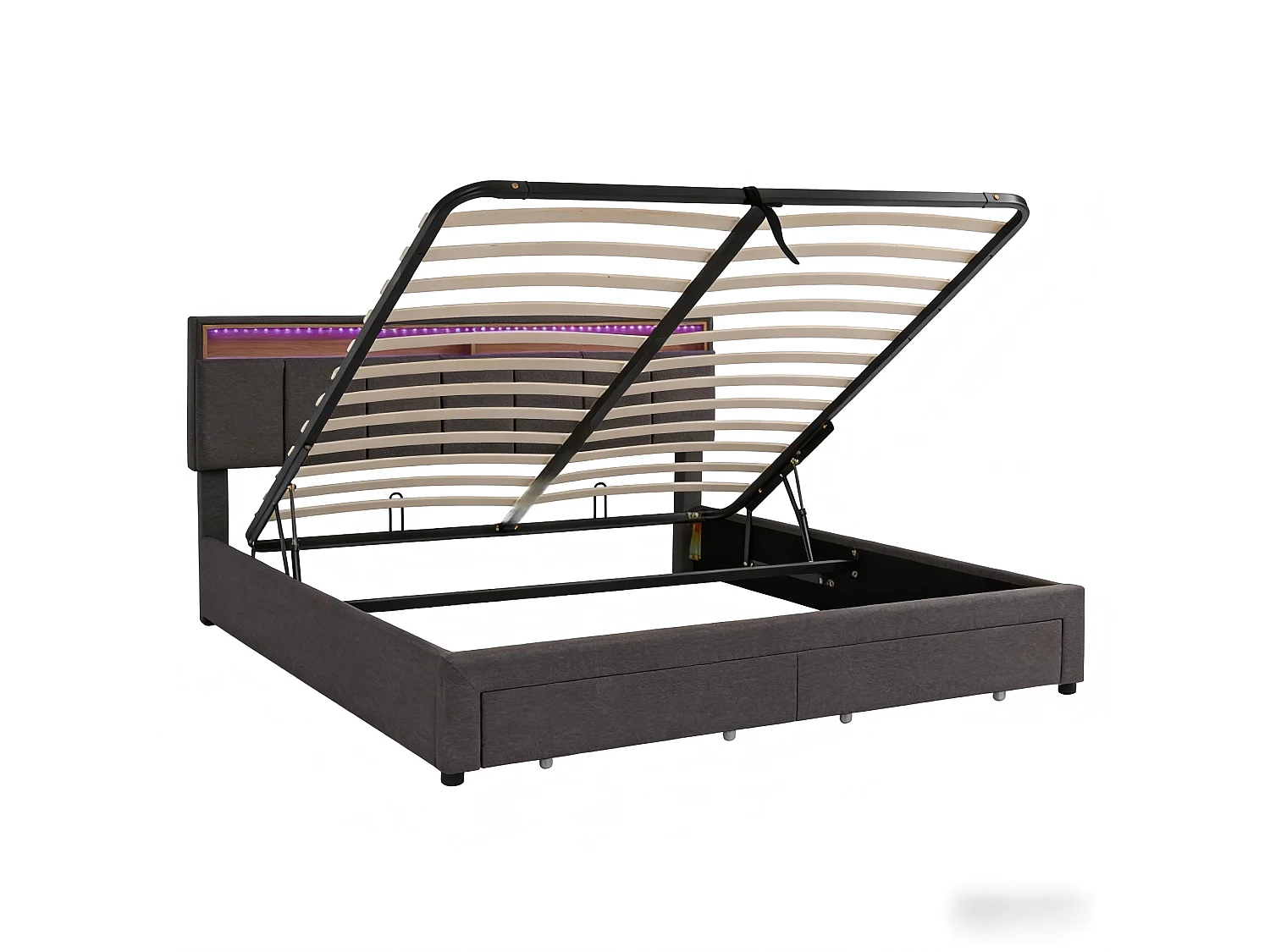 Lit rembourré avec tiroir de rangement, tête de lit ondulée, tissu teddy, USB, sommier à lattes, coloris crème