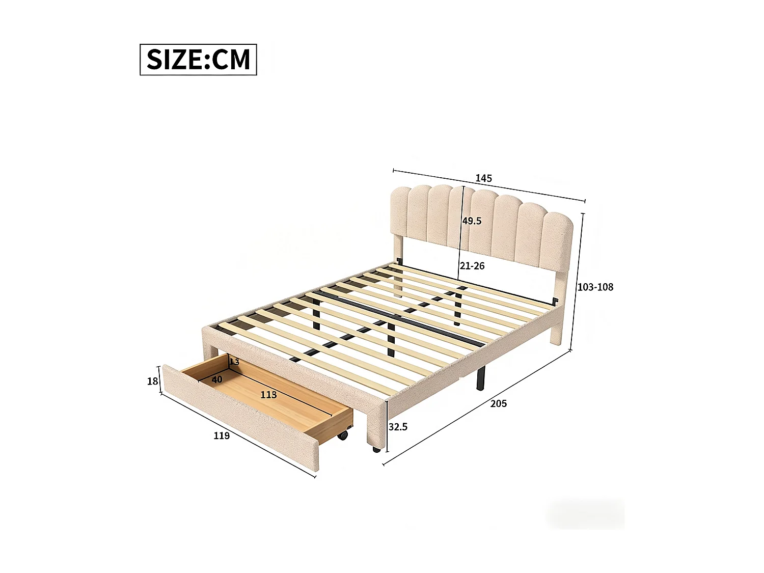 Lit rembourré avec tiroir de rangement, tête de lit ondulée, tissu teddy, USB, sommier à lattes, coloris crème