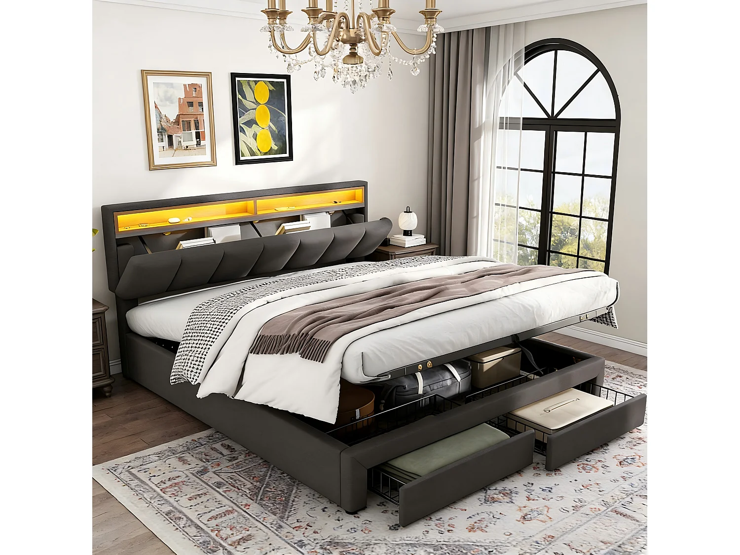 Lit double 180x200 cm tissu lin gris, tête de lit rembourrée avec LED, sommier à lattes, cadre robuste en bois, lit moderne adulte