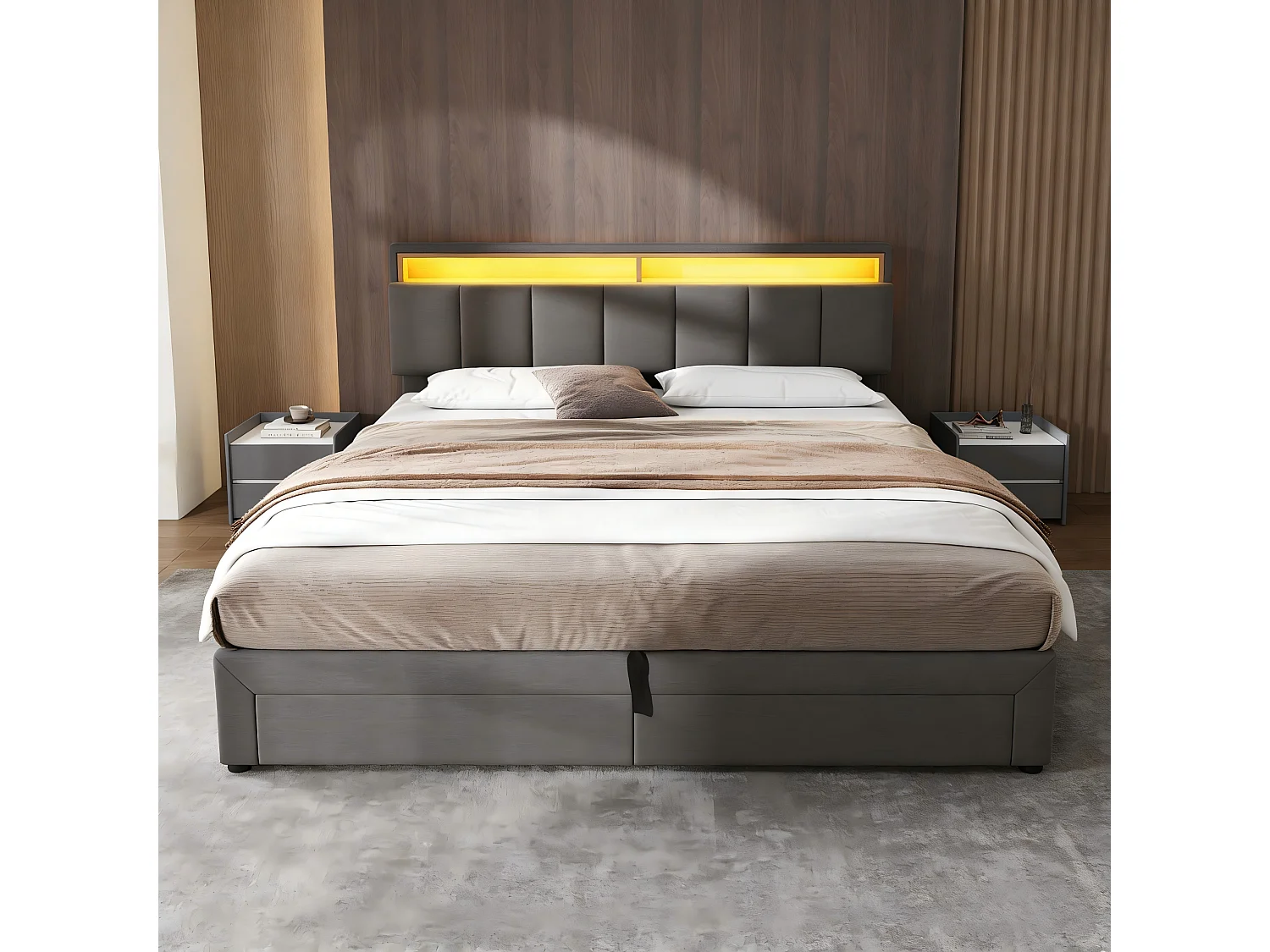 Lit double 180x200 cm tissu lin gris, tête de lit rembourrée avec LED, sommier à lattes, cadre robuste en bois, lit moderne adulte