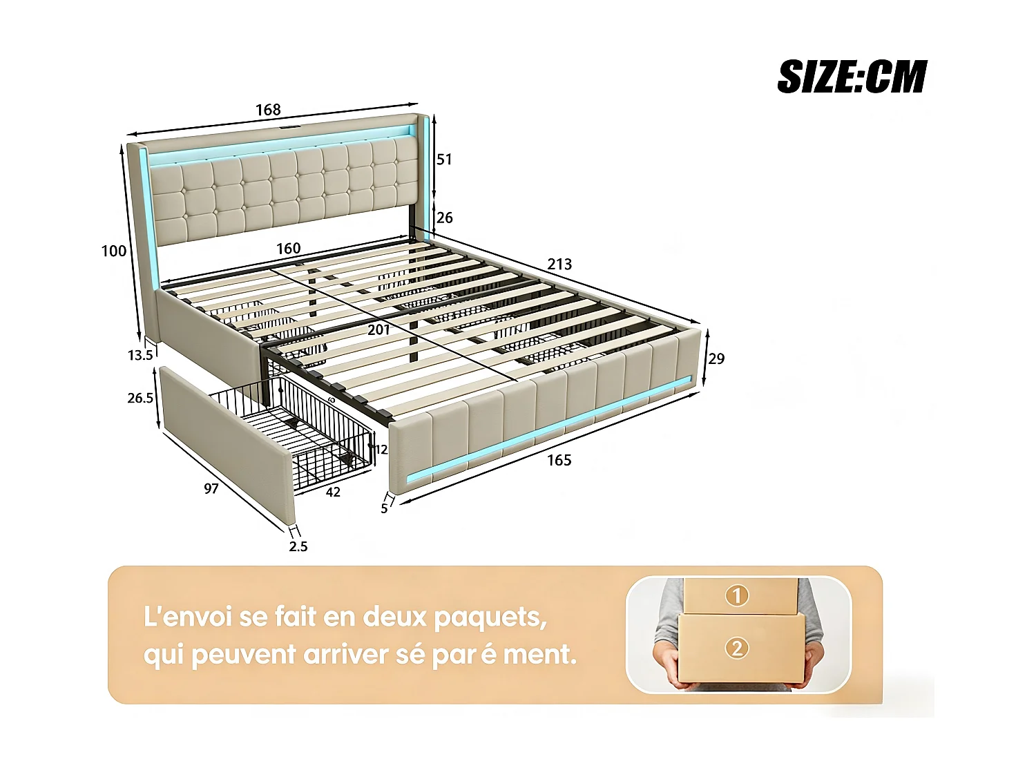 Lit coffre 160x200 cm en tissu lin avec LED, USB et Type-C - tête de lit avec étagères - sommier à lattes - beige