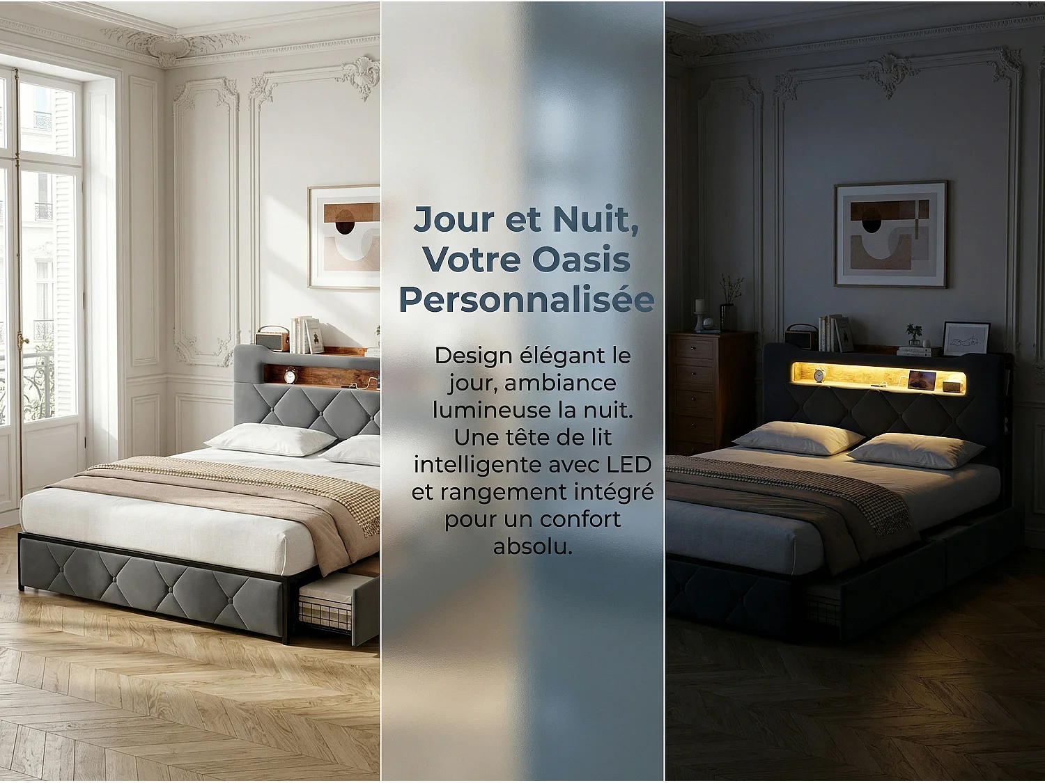 Lit 160x200 cm avec LED et USB, Lit avec 4 Tiroirs, Tête de Lit avec Rangement, Cadre Métal et Bois，Gris