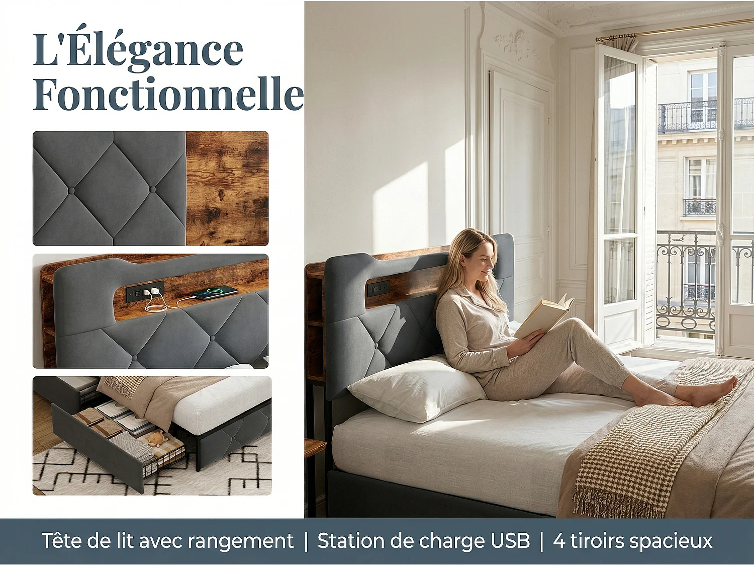 Lit 160x200 cm avec LED et USB, Lit avec 4 Tiroirs, Tête de Lit avec Rangement, Cadre Métal et Bois，Gris
