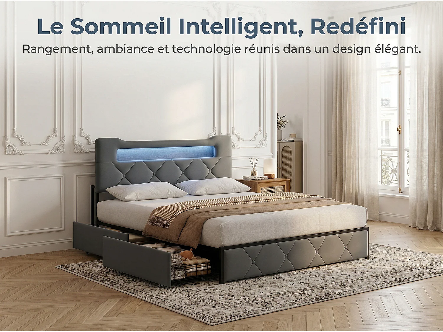 Lit 160x200 cm avec LED et USB, Lit avec 4 Tiroirs, Tête de Lit avec Rangement, Cadre Métal et Bois，Gris