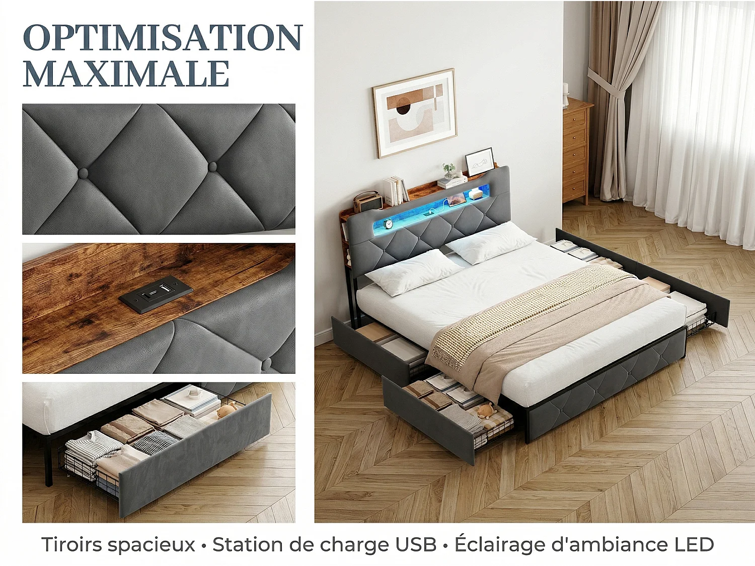 Lit 160x200 cm avec LED et USB, Lit avec 4 Tiroirs, Tête de Lit avec Rangement, Cadre Métal et Bois，Gris
