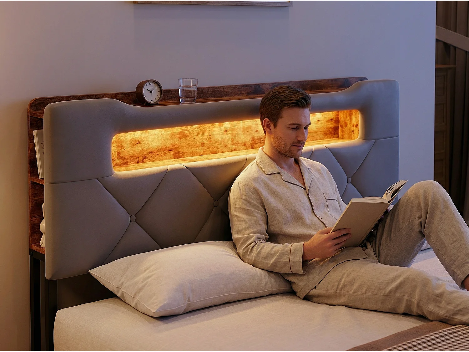 Lit 160x200 cm avec LED et USB, Lit avec 4 Tiroirs, Tête de Lit avec Rangement, Cadre Métal et Bois，Gris
