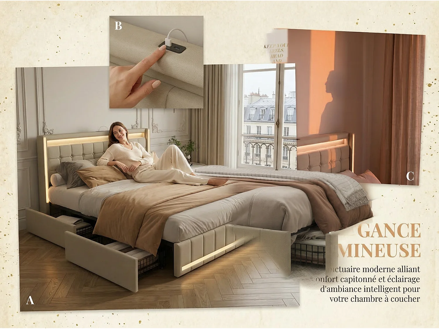 Lit coffre 140x200 cm en tissu lin avec LED, USB et Type-C - tête de lit avec étagères - sommier à lattes - beige