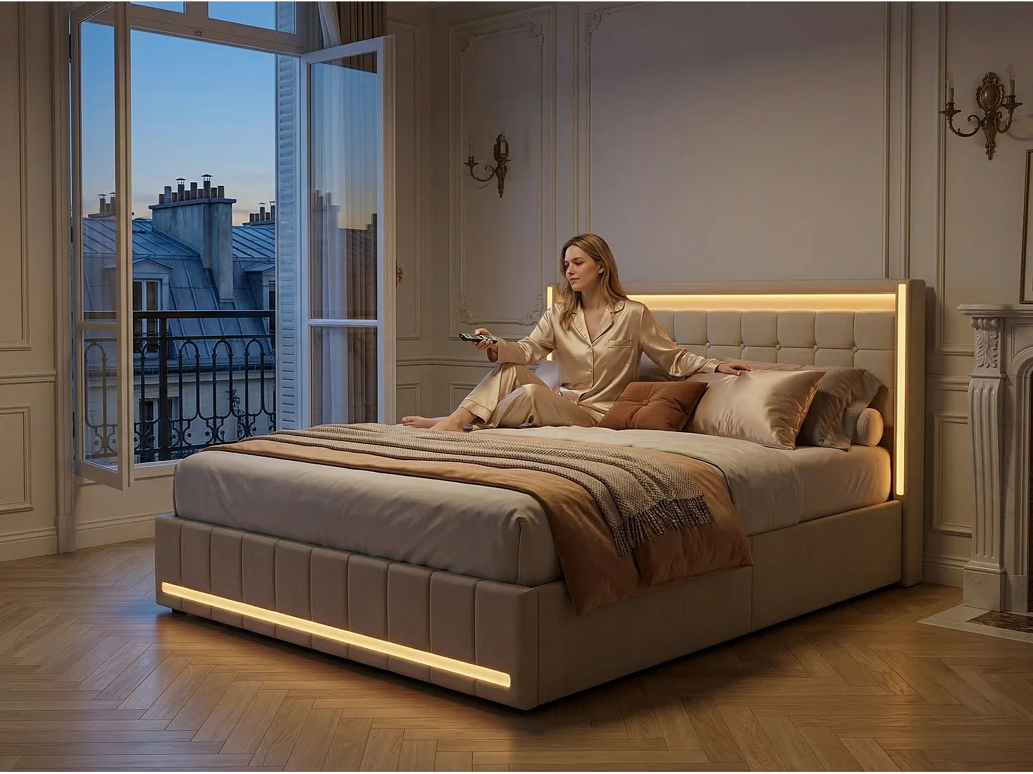 Lit coffre 140x200 cm en tissu lin avec LED, USB et Type-C - tête de lit avec étagères - sommier à lattes - beige