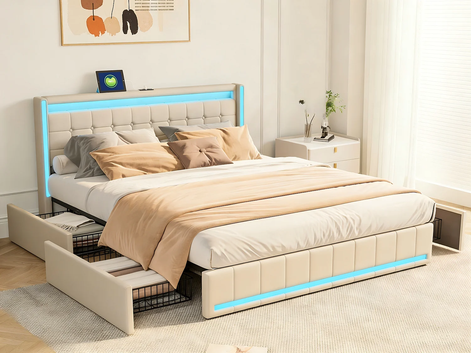 Lit coffre 140x200 cm en tissu lin avec LED, USB et Type-C - tête de lit avec étagères - sommier à lattes - beige