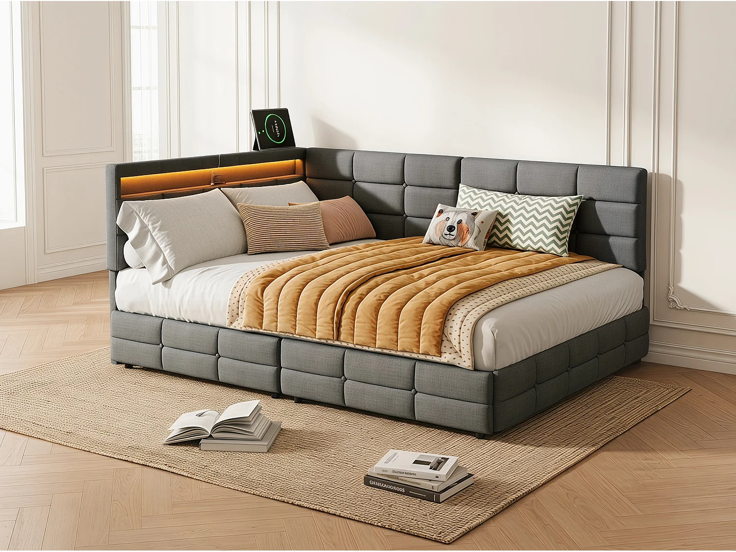 Lit avec rangement - 140x200cm - tissu beige, tête capitonnée avec LED - pour adulte et enfant