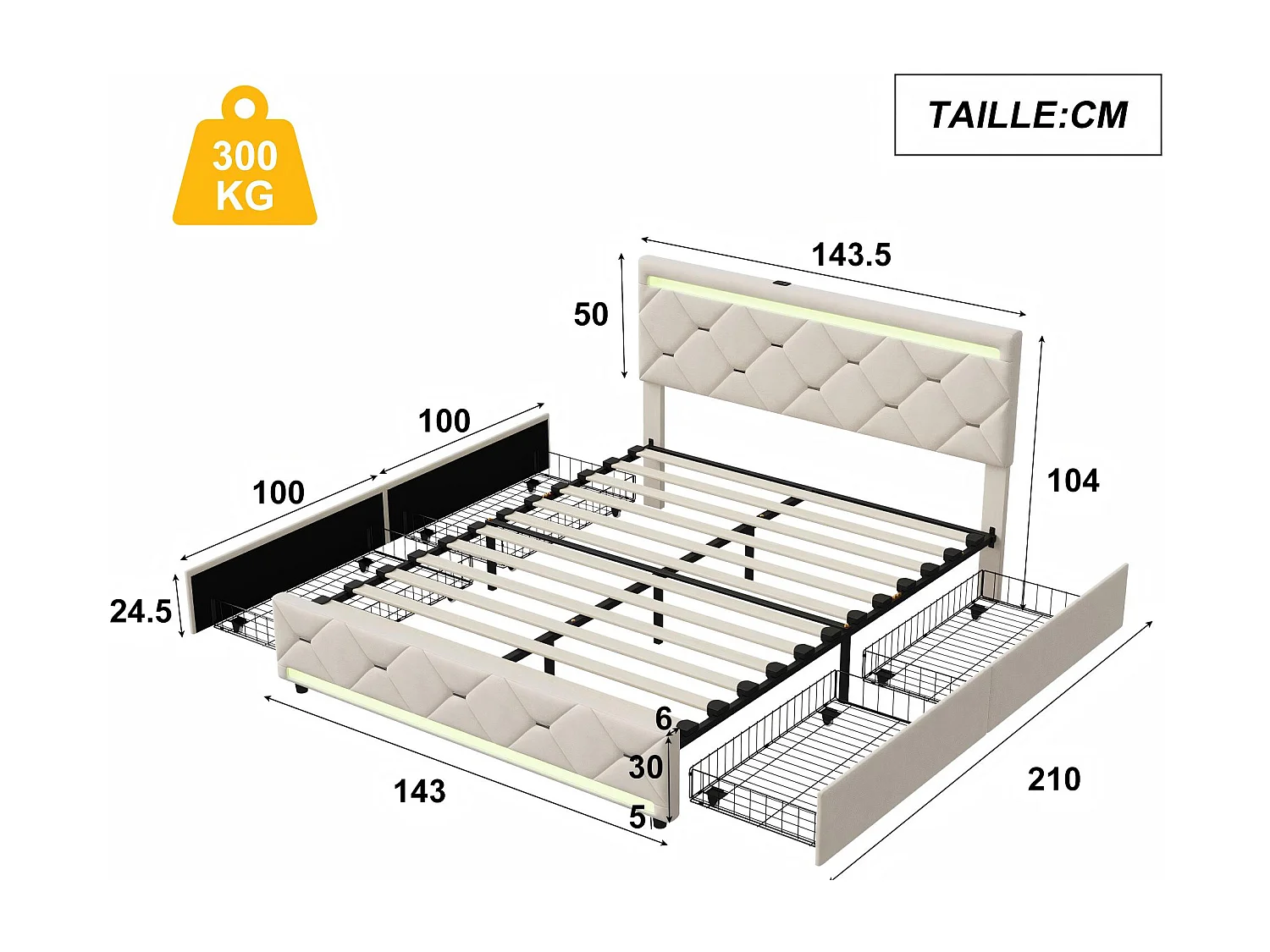 Lit double avec 4 tiroirs et LED 140x200 cm, lit rembourré en velours avec USB, cadre de lit avec rangement, sommier à lattes, gris