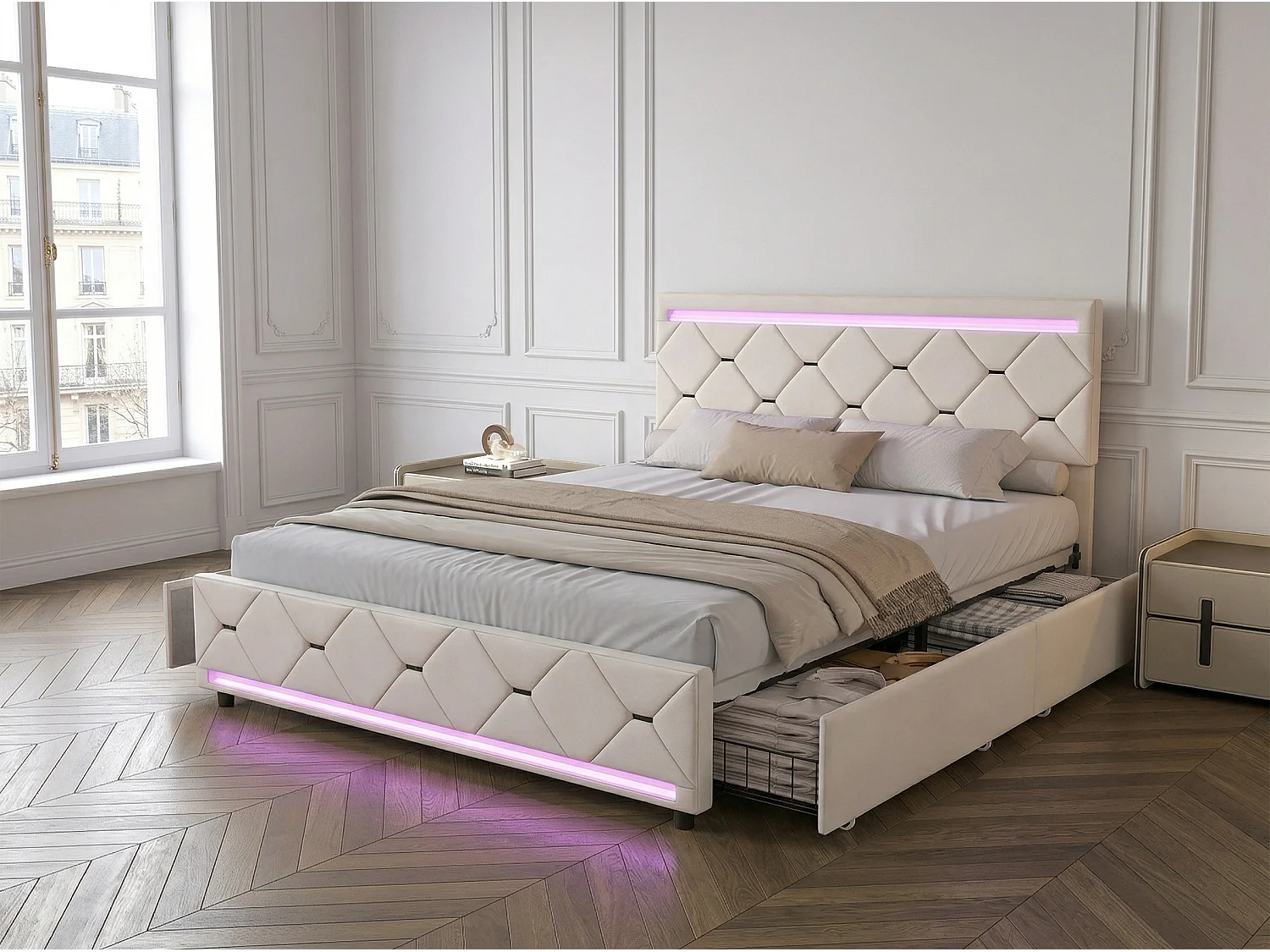 Lit double avec 4 tiroirs et LED 140x200 cm, lit rembourré en velours avec USB, cadre de lit avec rangement, sommier à lattes, gris