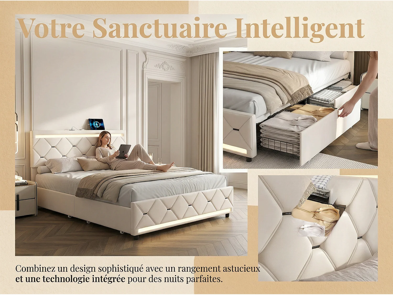 Lit double avec 4 tiroirs et LED 140x200 cm, lit rembourré en velours avec USB, cadre de lit avec rangement, sommier à lattes, gris