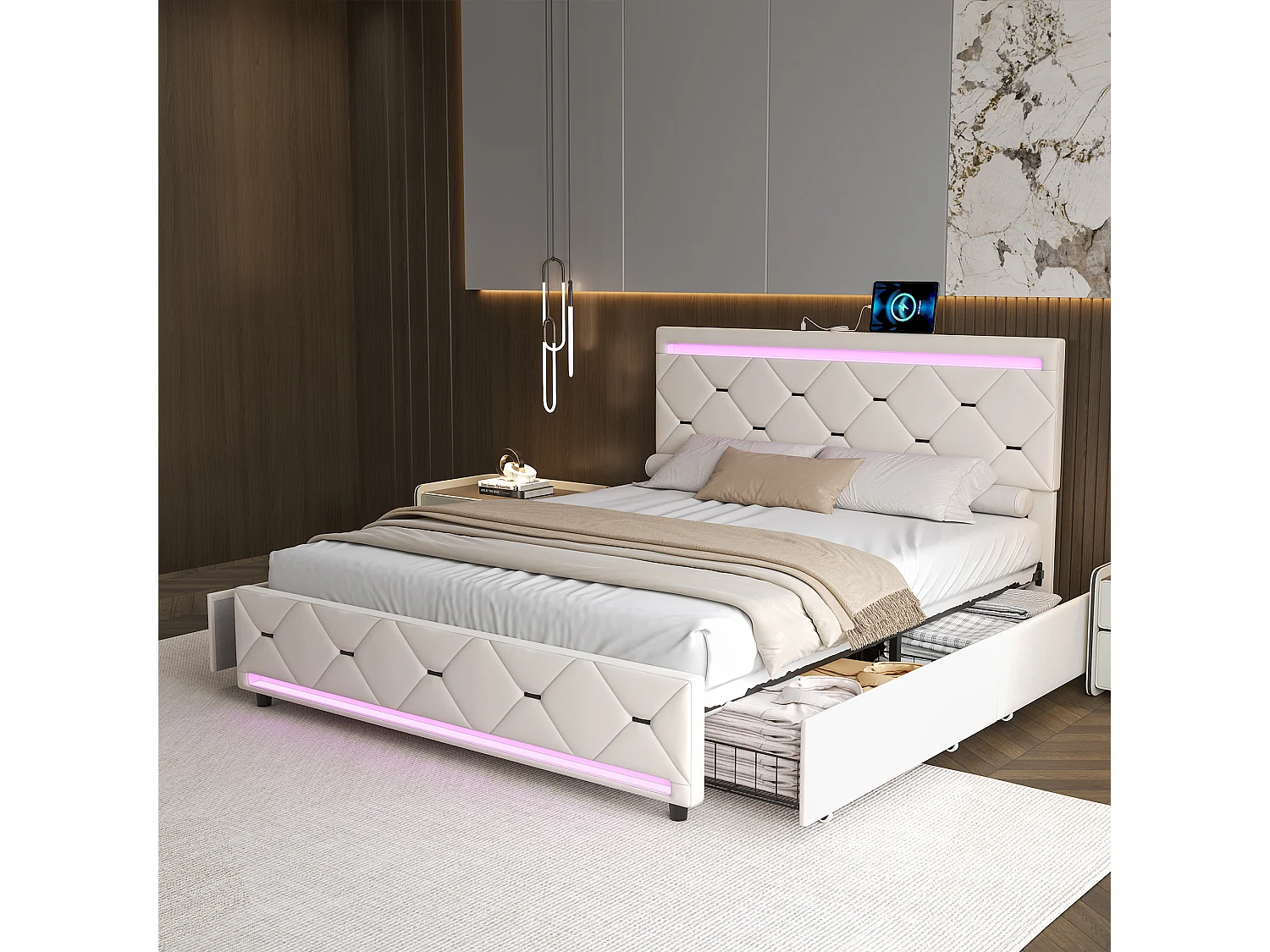 Lit double avec 4 tiroirs et LED 140x190 cm, lit rembourré en velours avec USB, cadre de lit avec rangement, sommier à lattes, gris