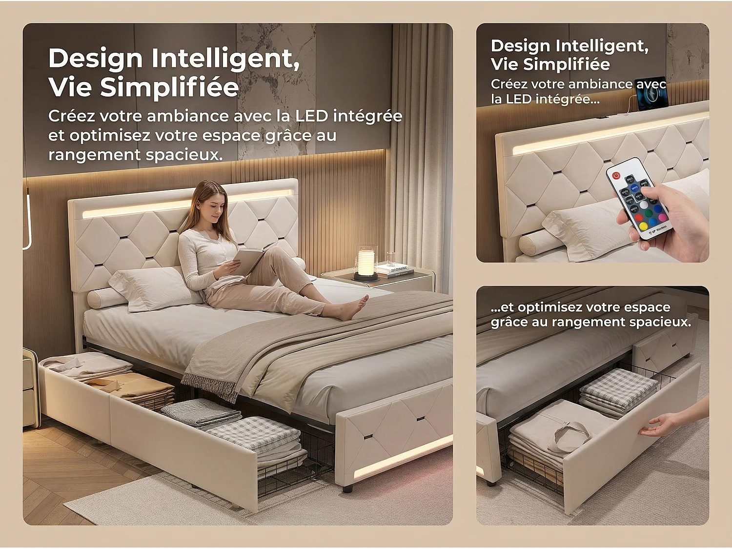 Lit double avec 4 tiroirs et LED 140x190 cm, lit rembourré en velours avec USB, cadre de lit avec rangement, sommier à lattes, gris