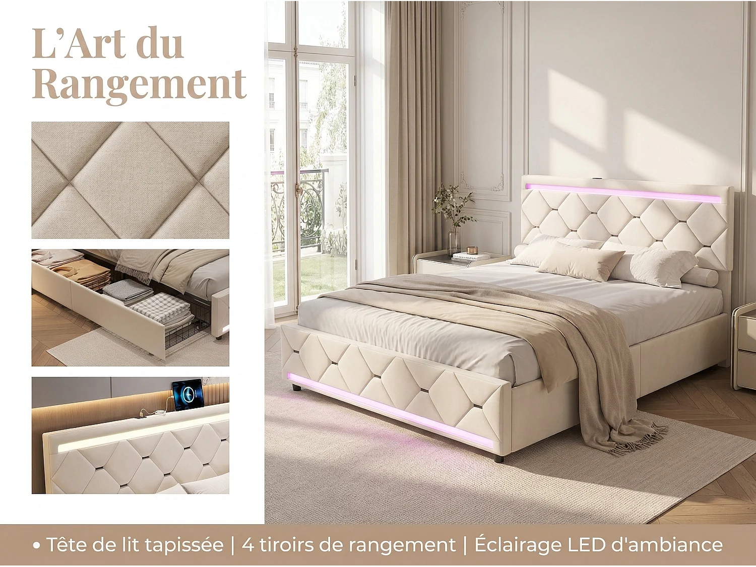 Lit double avec 4 tiroirs et LED 140x190 cm, lit rembourré en velours avec USB, cadre de lit avec rangement, sommier à lattes, gris
