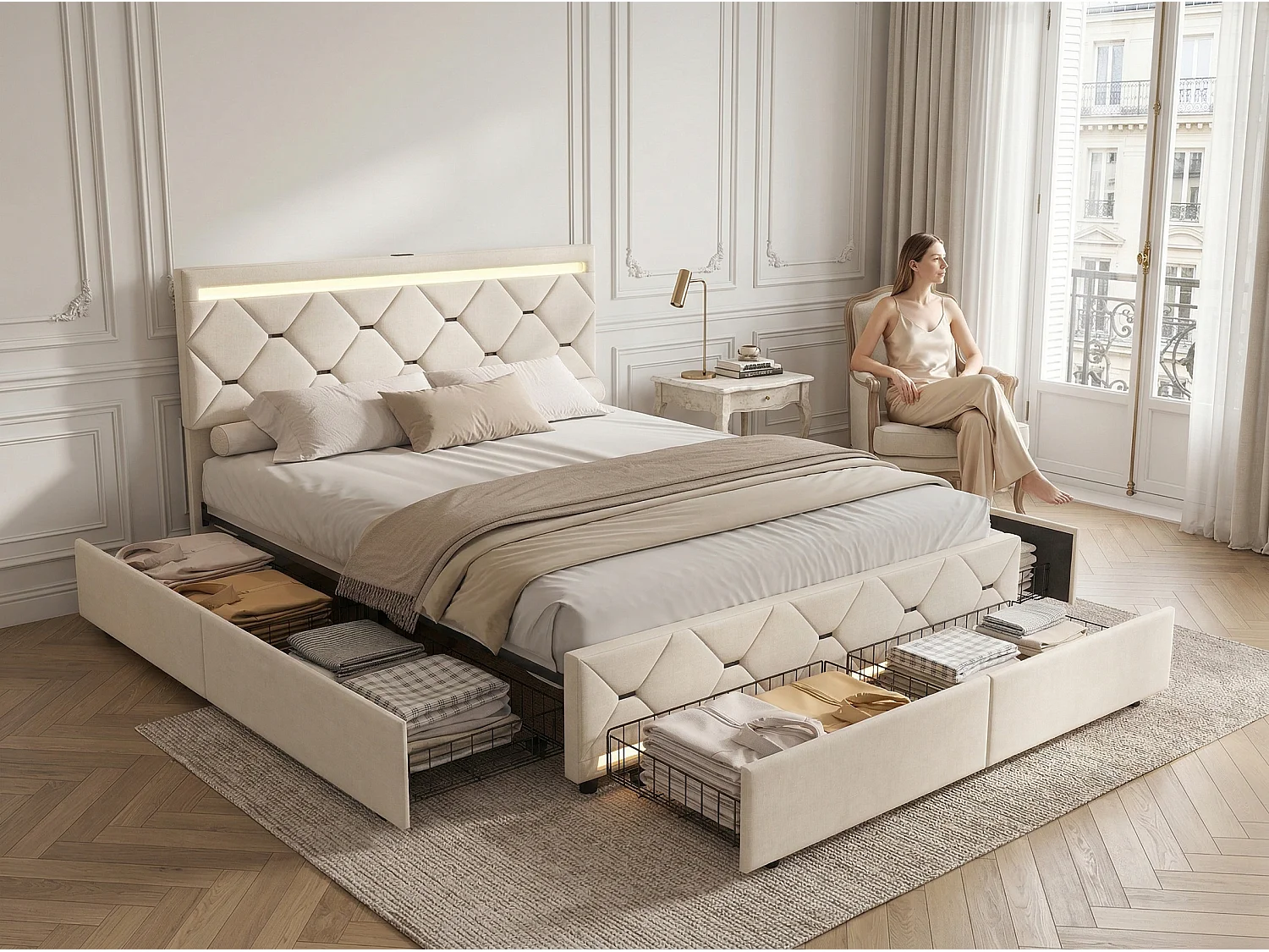 Lit double avec 4 tiroirs et LED 140x190 cm, lit rembourré en velours avec USB, cadre de lit avec rangement, sommier à lattes, gris