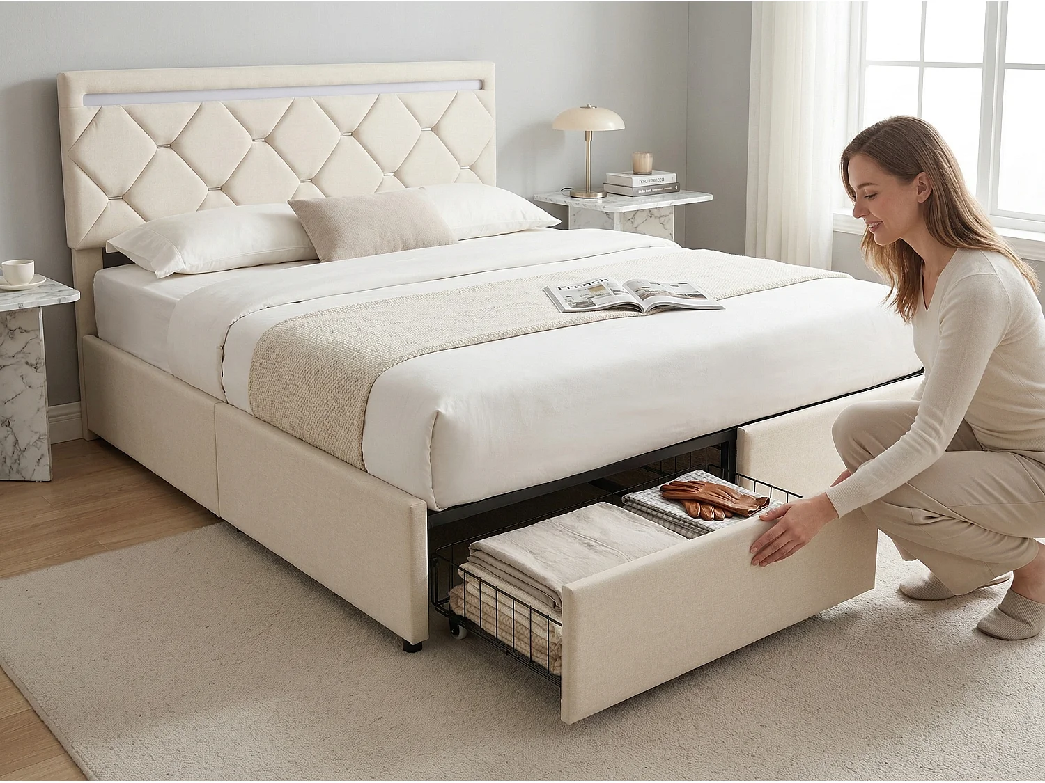 Lit double avec 4 tiroirs et LED 140x190 cm, lit rembourré en velours avec USB, cadre de lit avec rangement, sommier à lattes, gris