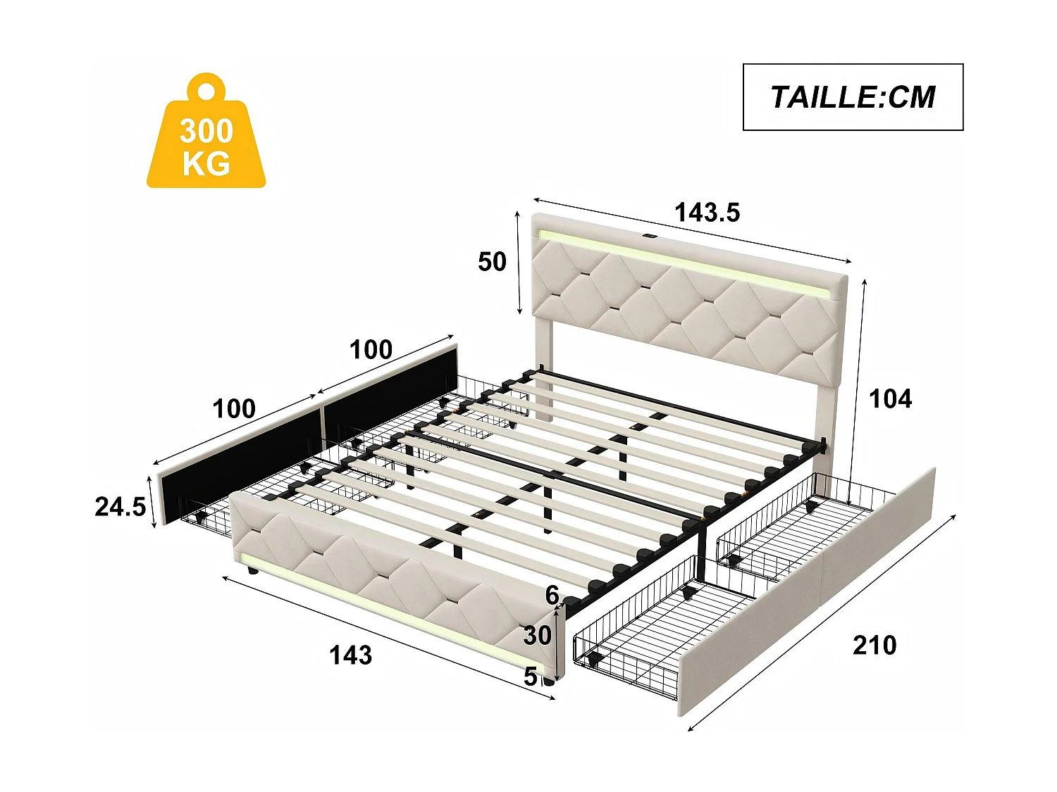 Lit double avec 4 tiroirs et LED 140x190 cm, lit rembourré en velours avec USB, cadre de lit avec rangement, sommier à lattes, gris