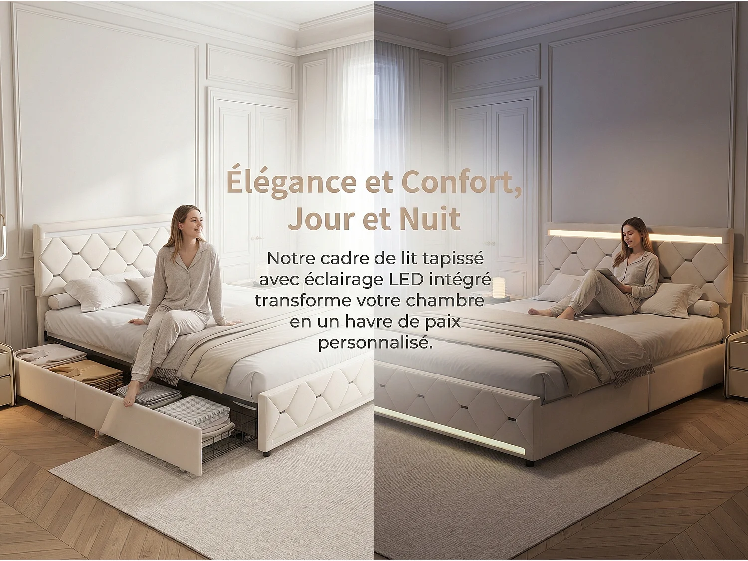 Lit double avec 4 tiroirs et LED 140x190 cm, lit rembourré en velours avec USB, cadre de lit avec rangement, sommier à lattes, gris