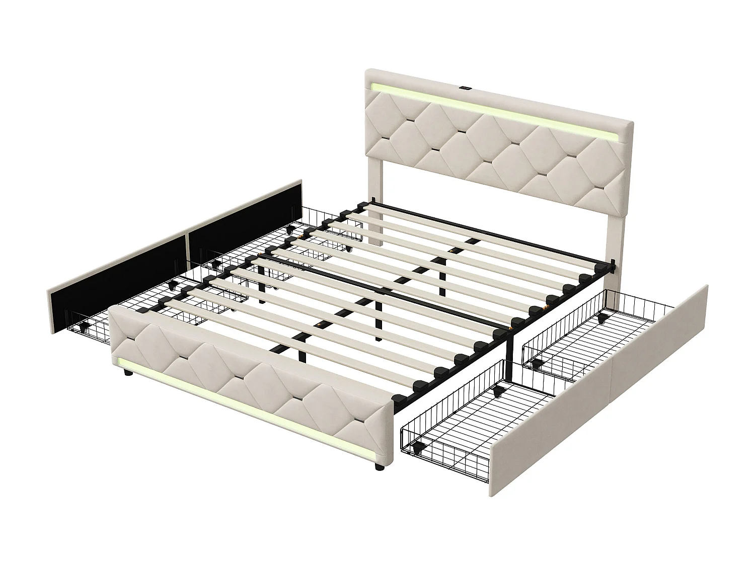 Lit double avec 4 tiroirs et LED 140x190 cm, lit rembourré en velours avec USB, cadre de lit avec rangement, sommier à lattes, gris