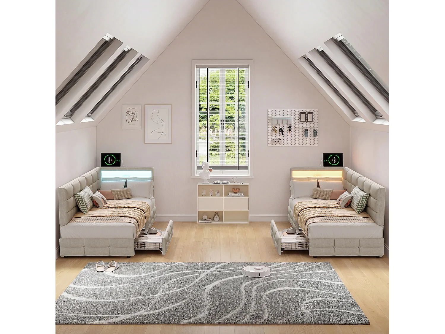 Lit avec Rangement 140x190 cm en Tissu Beige, Lit  Rembourré a Tiroirs, Tête de Lit Capitonnée avec LED, Sommier à Lattes, Lit Moderne Chambre Adulte Enfant