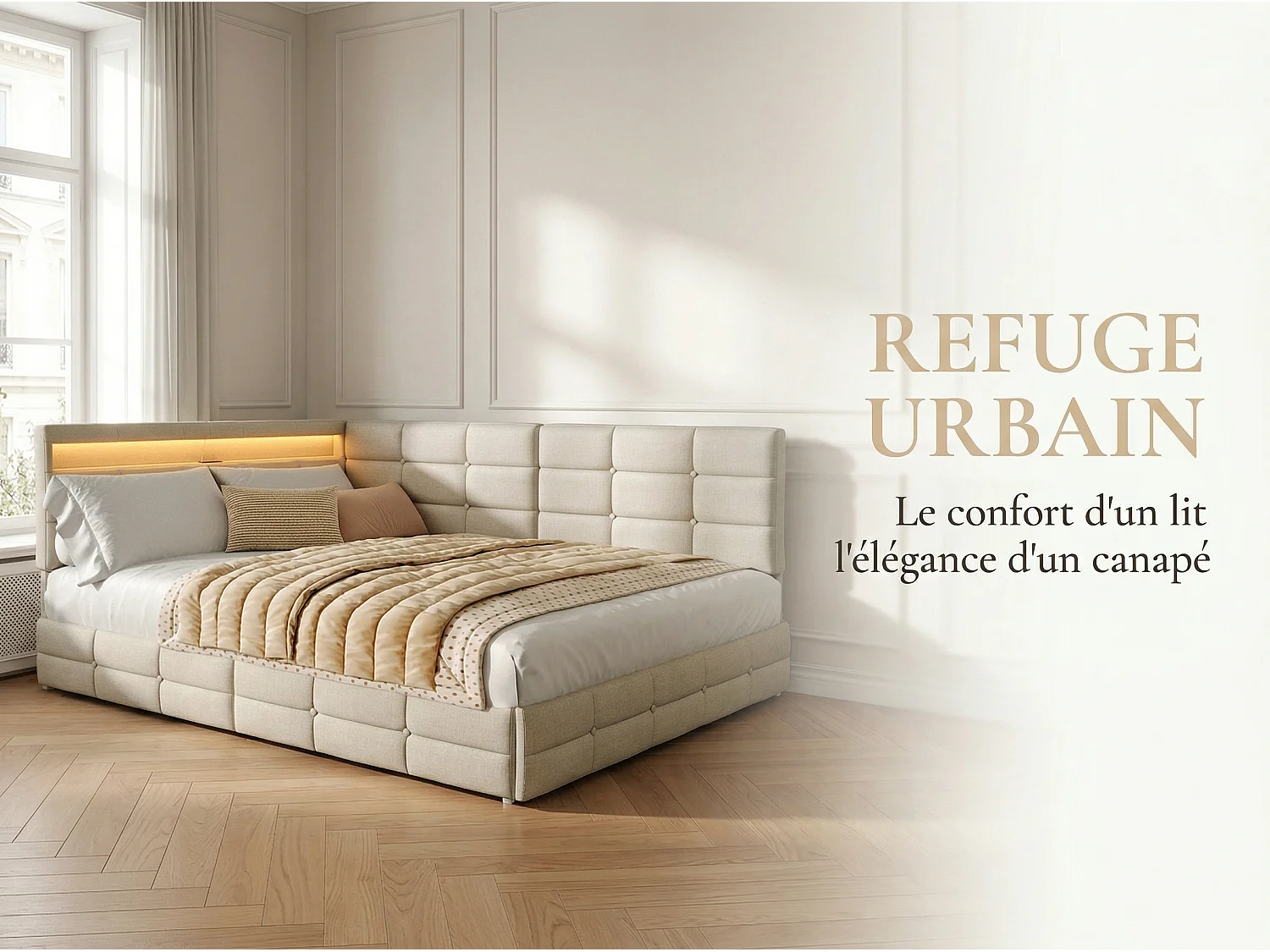 Lit avec Rangement 140x190 cm en Tissu Beige, Lit  Rembourré a Tiroirs, Tête de Lit Capitonnée avec LED, Sommier à Lattes, Lit Moderne Chambre Adulte Enfant