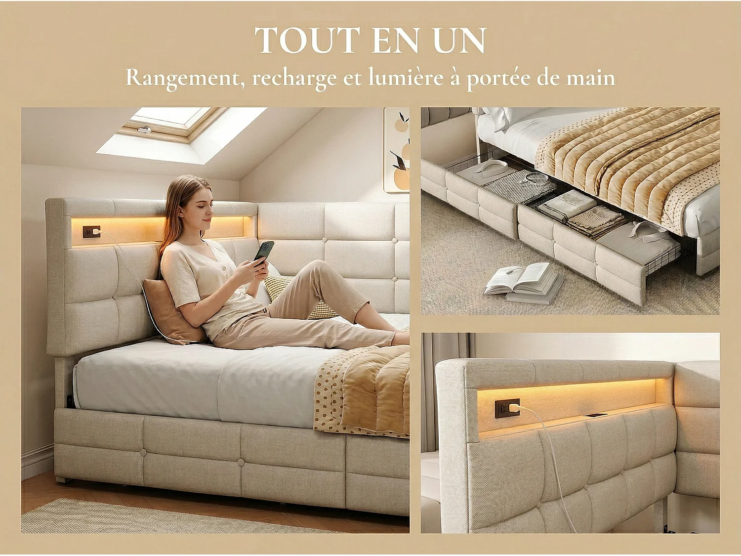 Lit avec Rangement 140x190 cm en Tissu Beige, Lit  Rembourré a Tiroirs, Tête de Lit Capitonnée avec LED, Sommier à Lattes, Lit Moderne Chambre Adulte Enfant