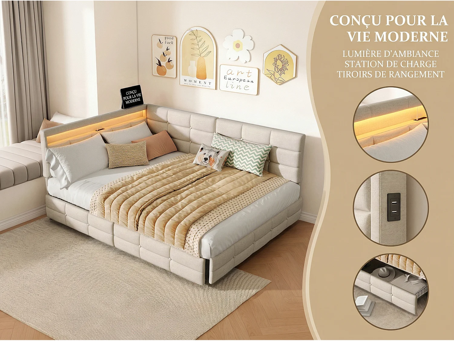 Lit avec Rangement 140x190 cm en Tissu Beige, Lit  Rembourré a Tiroirs, Tête de Lit Capitonnée avec LED, Sommier à Lattes, Lit Moderne Chambre Adulte Enfant