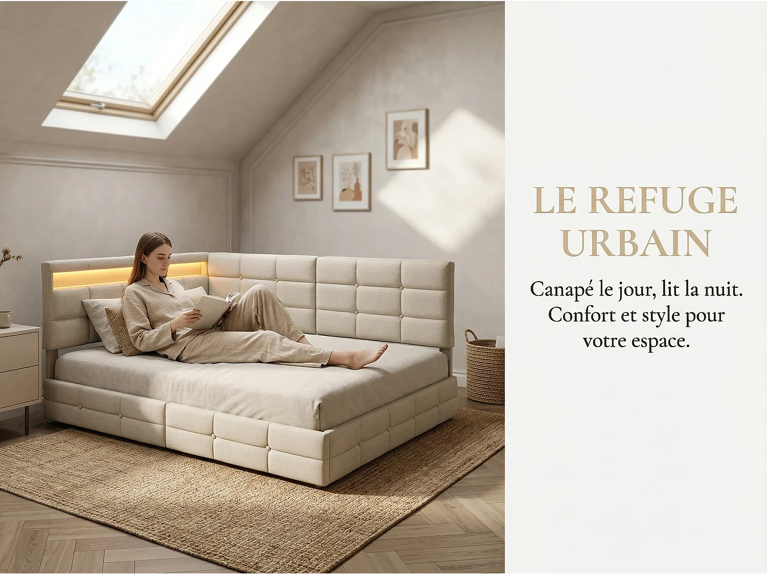 Lit avec Rangement 140x190 cm en Tissu Beige, Lit  Rembourré a Tiroirs, Tête de Lit Capitonnée avec LED, Sommier à Lattes, Lit Moderne Chambre Adulte Enfant