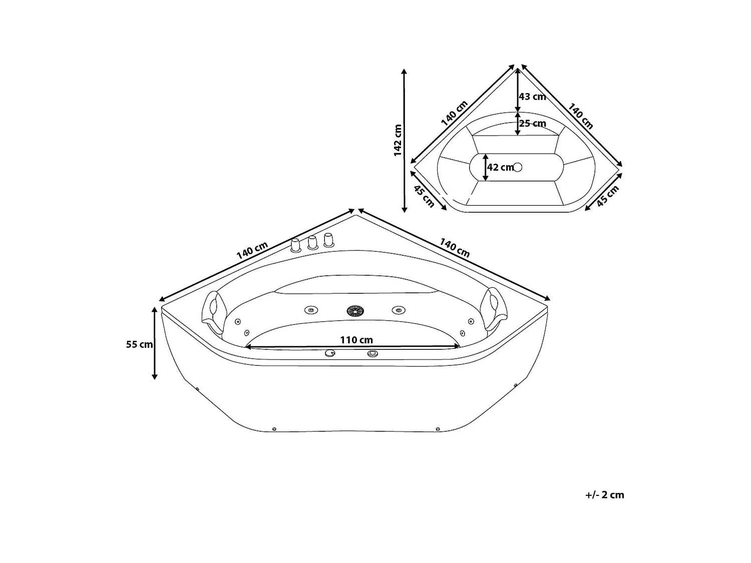 Hoek bubbelbad met LED MEVES 140 x 140 cm Wit