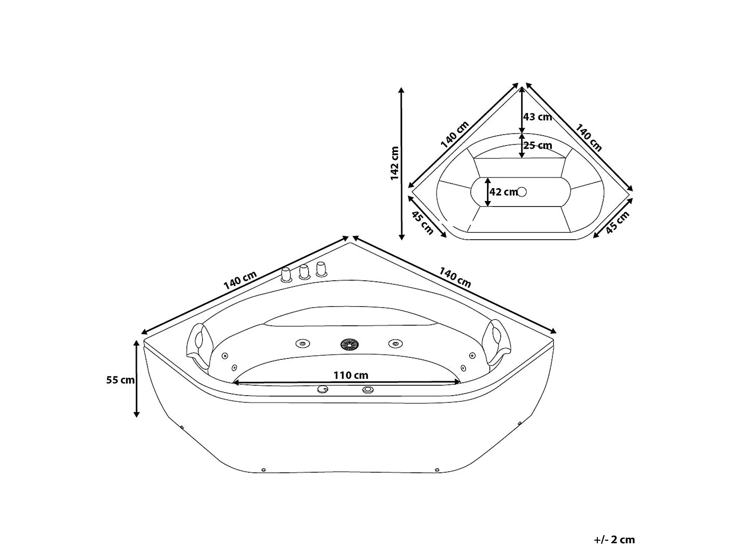 Corner Hot Tub with LED MEVES 1400 x 1400 mm White