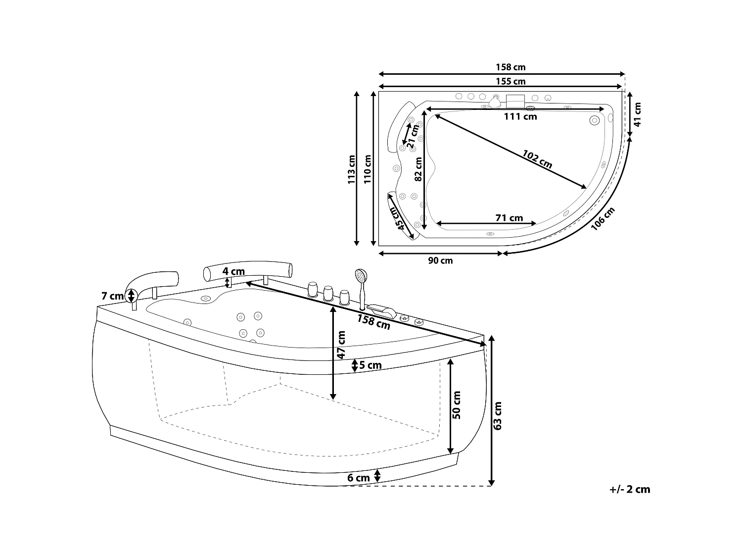 Vasca idromassaggio angolare con LED PARADISO Lato destro 158 x 113 cm Nero