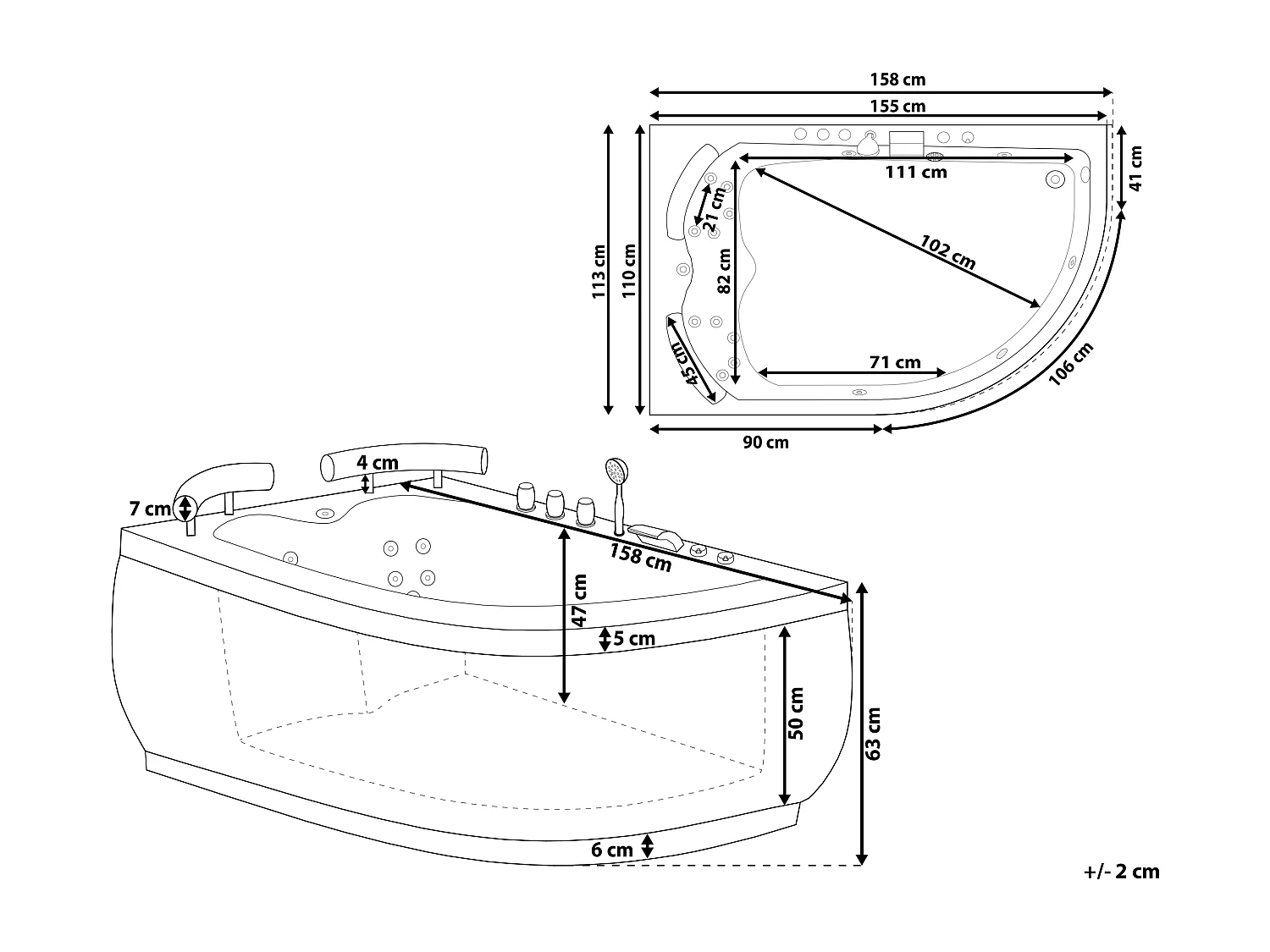 Baignoire d'angle à remous avec LED PARADISO Côté droit 158 x 113 cm Noir