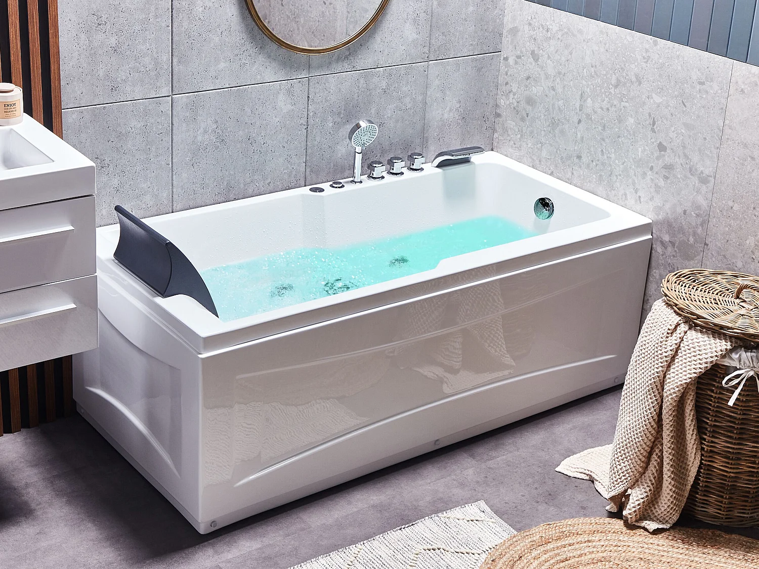 Baignoire d'angle à remous avec LED ARTEMISA Côté droite 170 x 80 cm Blanc