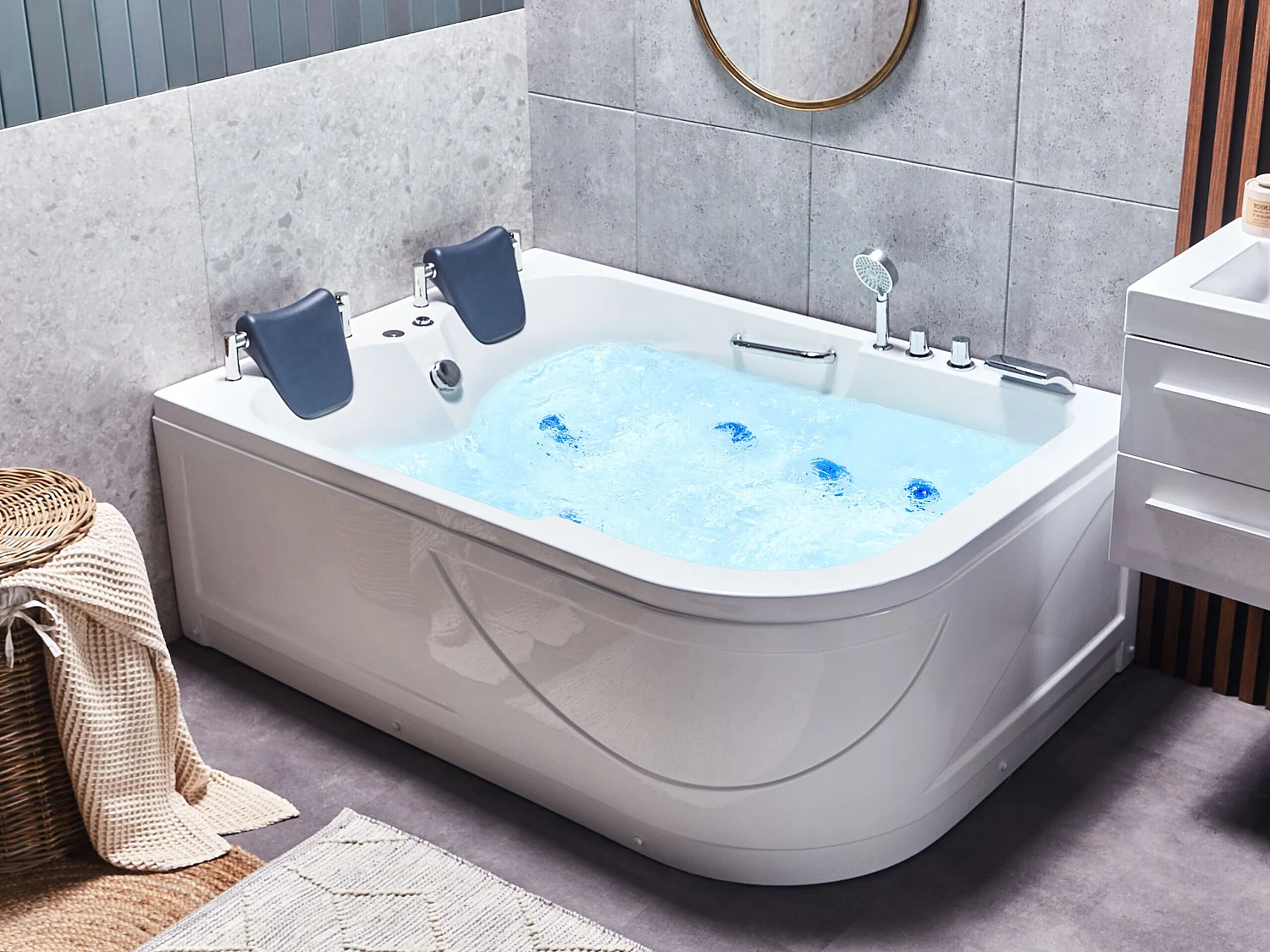 Baignoire d'angle à remous avec LED BAYAMO Côté droit 170 x 120 cm Blanc