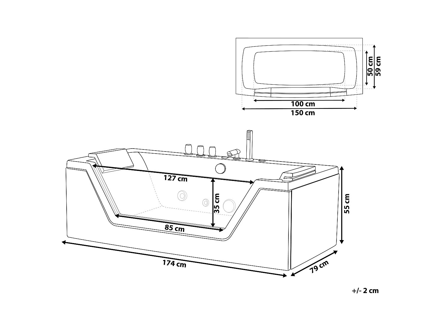 Baignoire d'angle à remous avec LED SAMANA 174 x 79 cm Noir