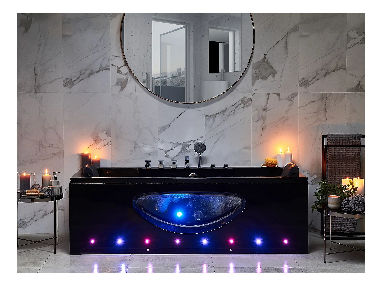 Baignoire d'angle à remous avec LED HAWES 180 x 80 cm Noir