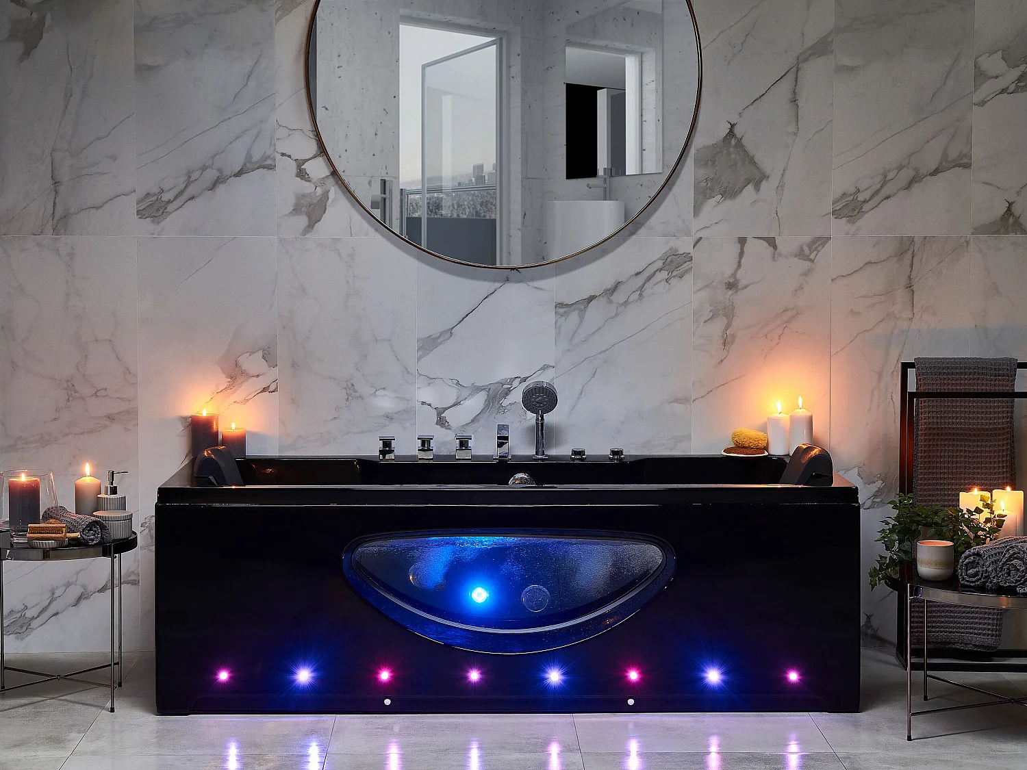 Baignoire d'angle à remous avec LED HAWES 180 x 80 cm Noir