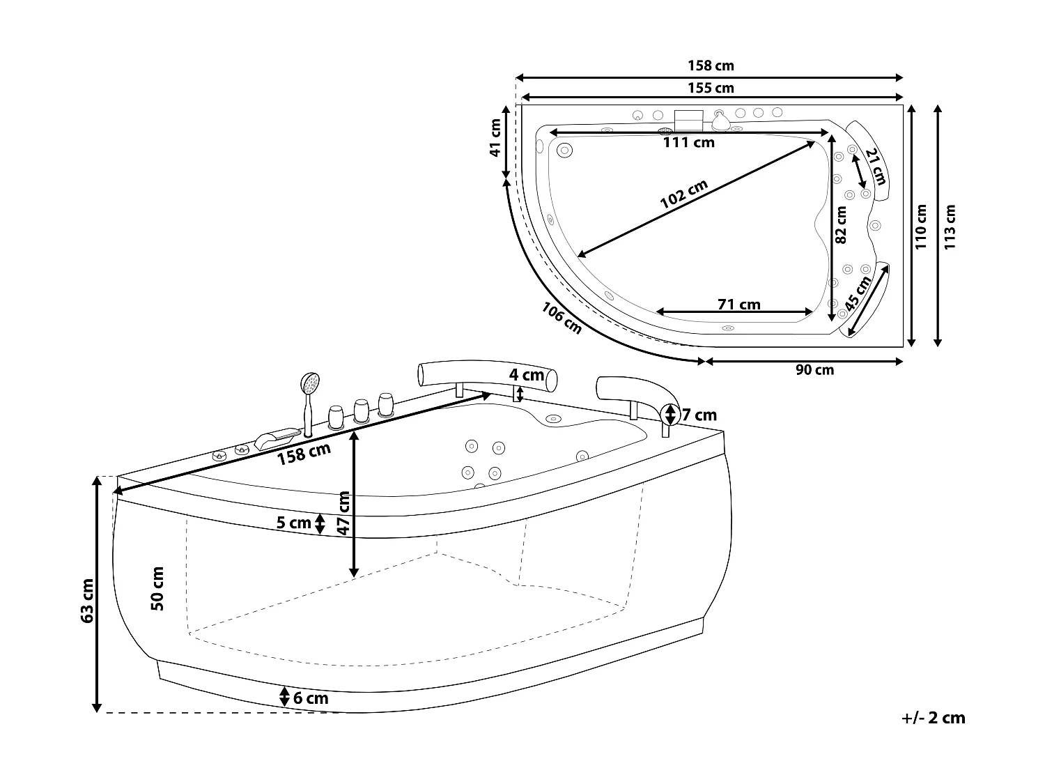 Vasca idromassaggio angolare con LED PARADISO Lato Sinistro 158 x 113 cm Nero