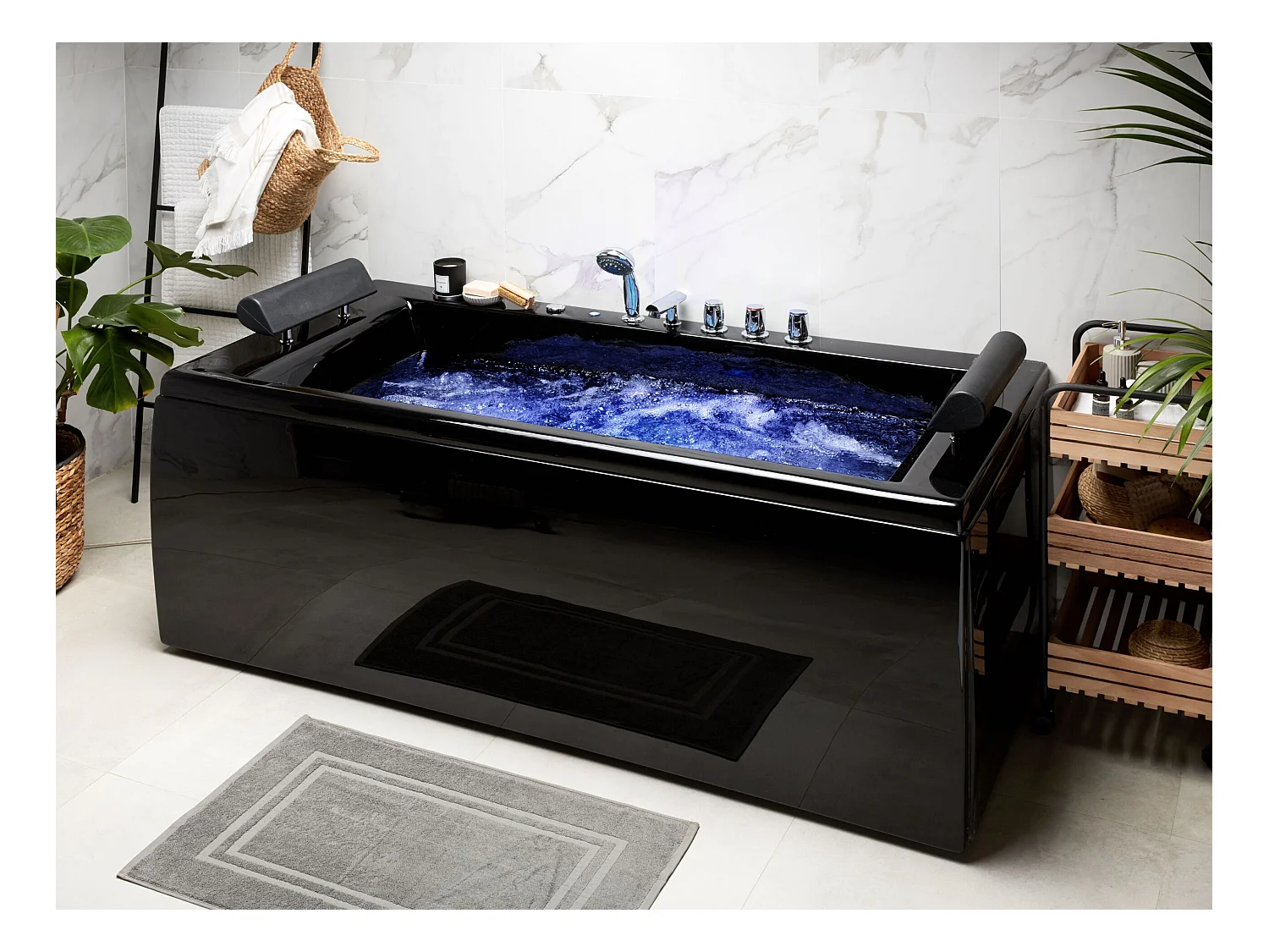 Baignoire d'angle à remous avec LED MONTEGO 172 x 83 cm Noir