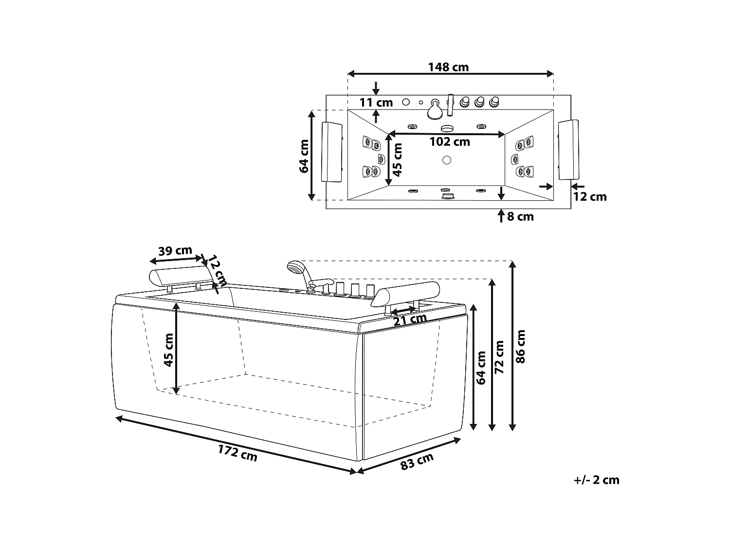 Baignoire d'angle à remous avec LED MONTEGO 172 x 83 cm Noir