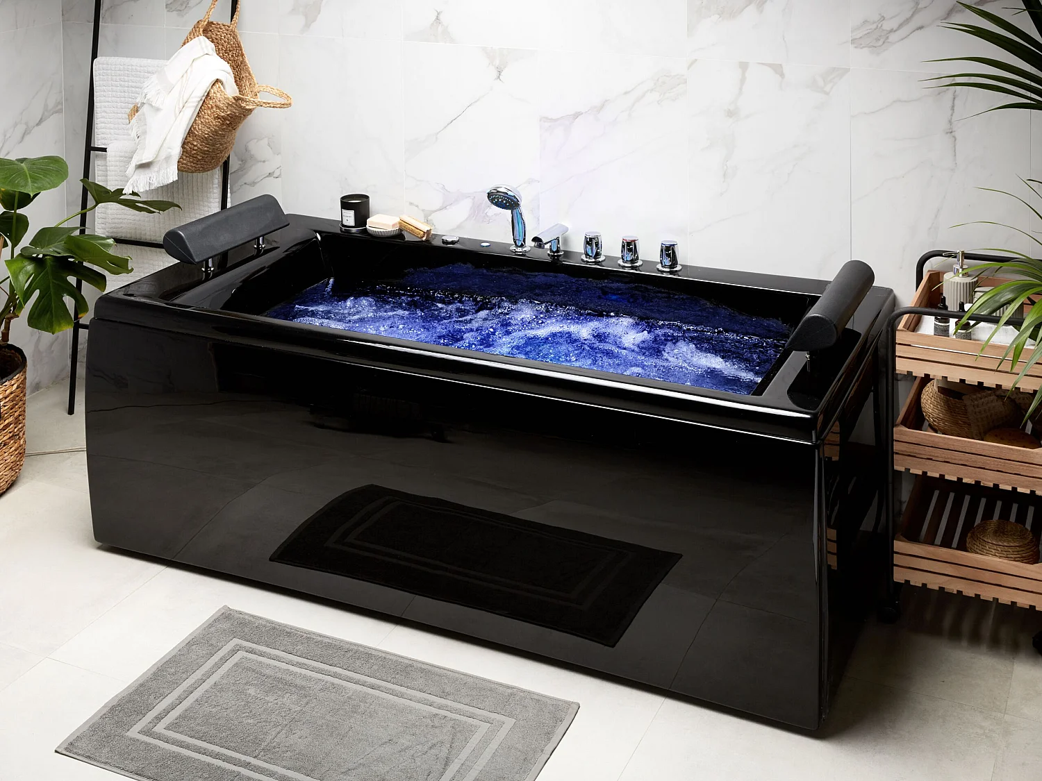 Baignoire d'angle à remous avec LED MONTEGO 172 x 83 cm Noir