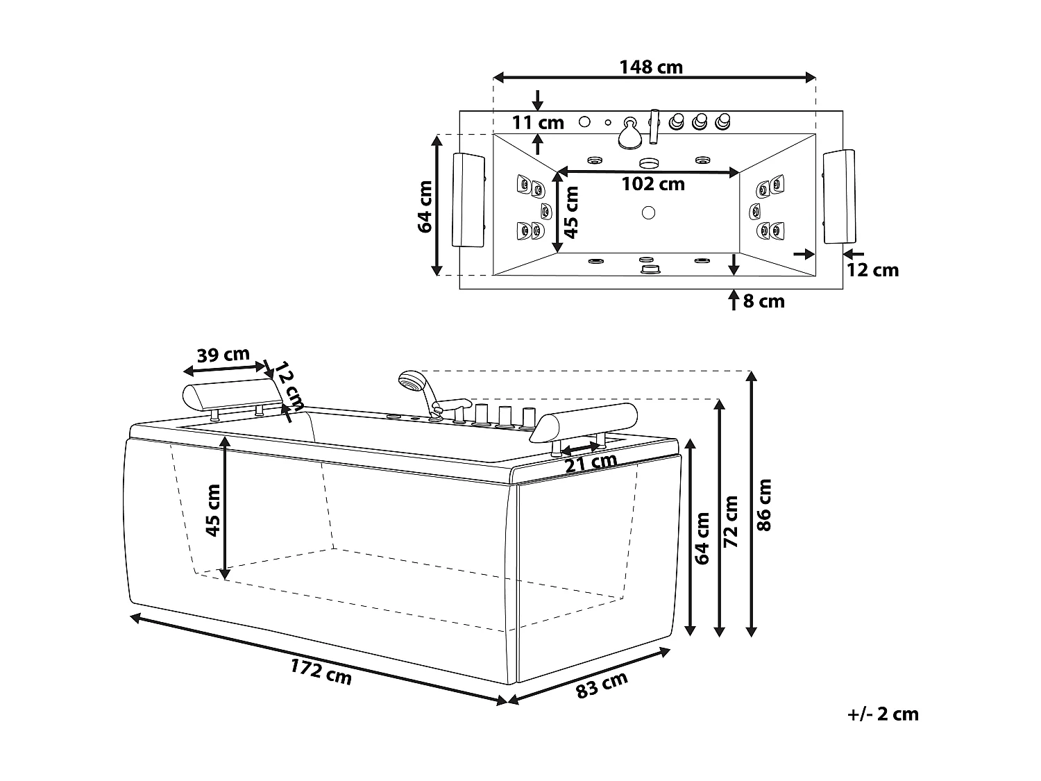 Baignoire d'angle à remous avec LED MONTEGO 172 x 83 cm Noir