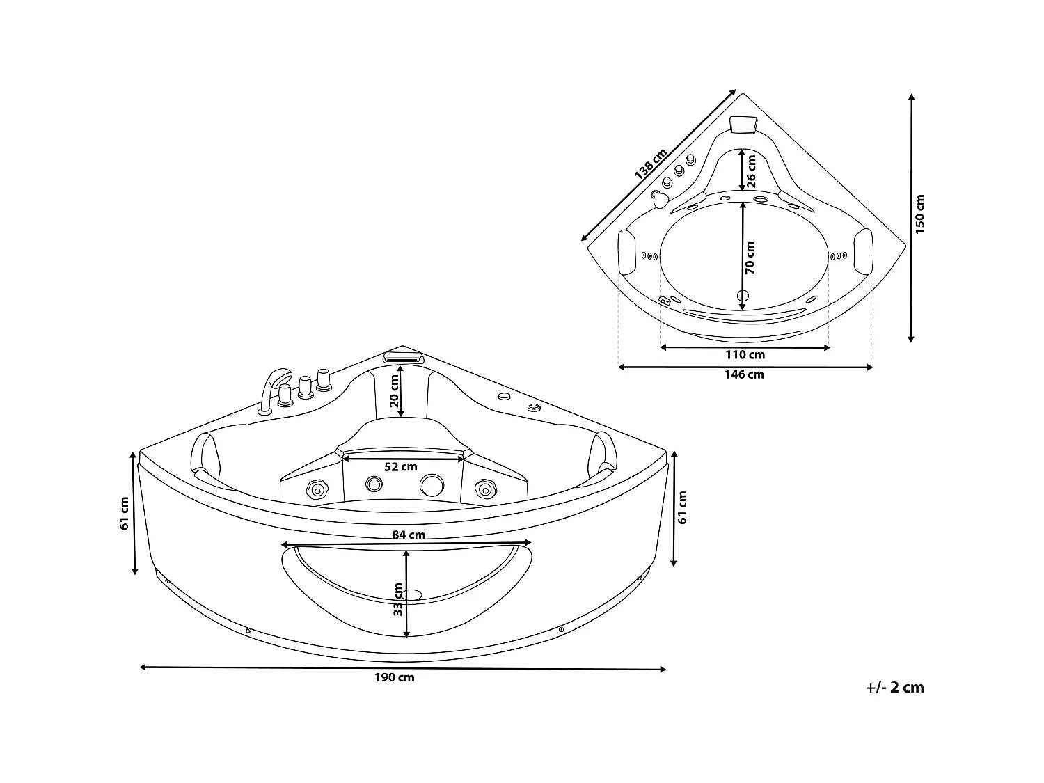 Hoek bubbelbad met LED TOCOA 190 x 138 cm Wit