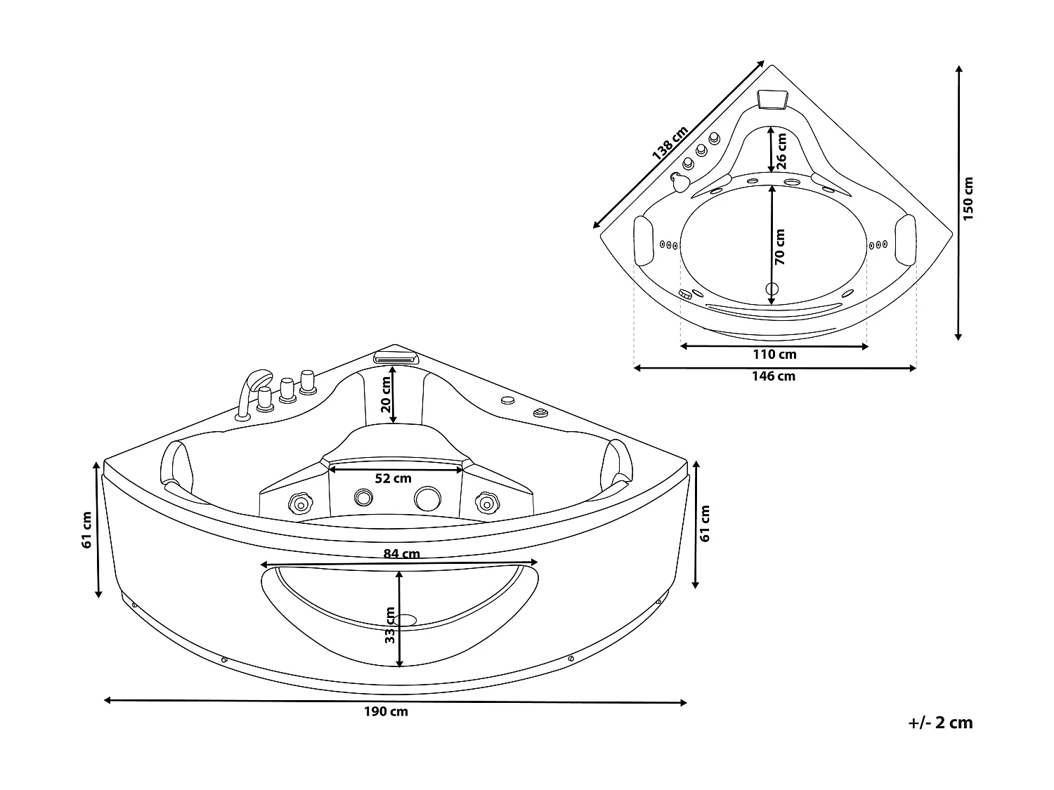 Whirlpool Badewanne Eckmodell mit LED TOCOA 190 x 138 cm Weiss