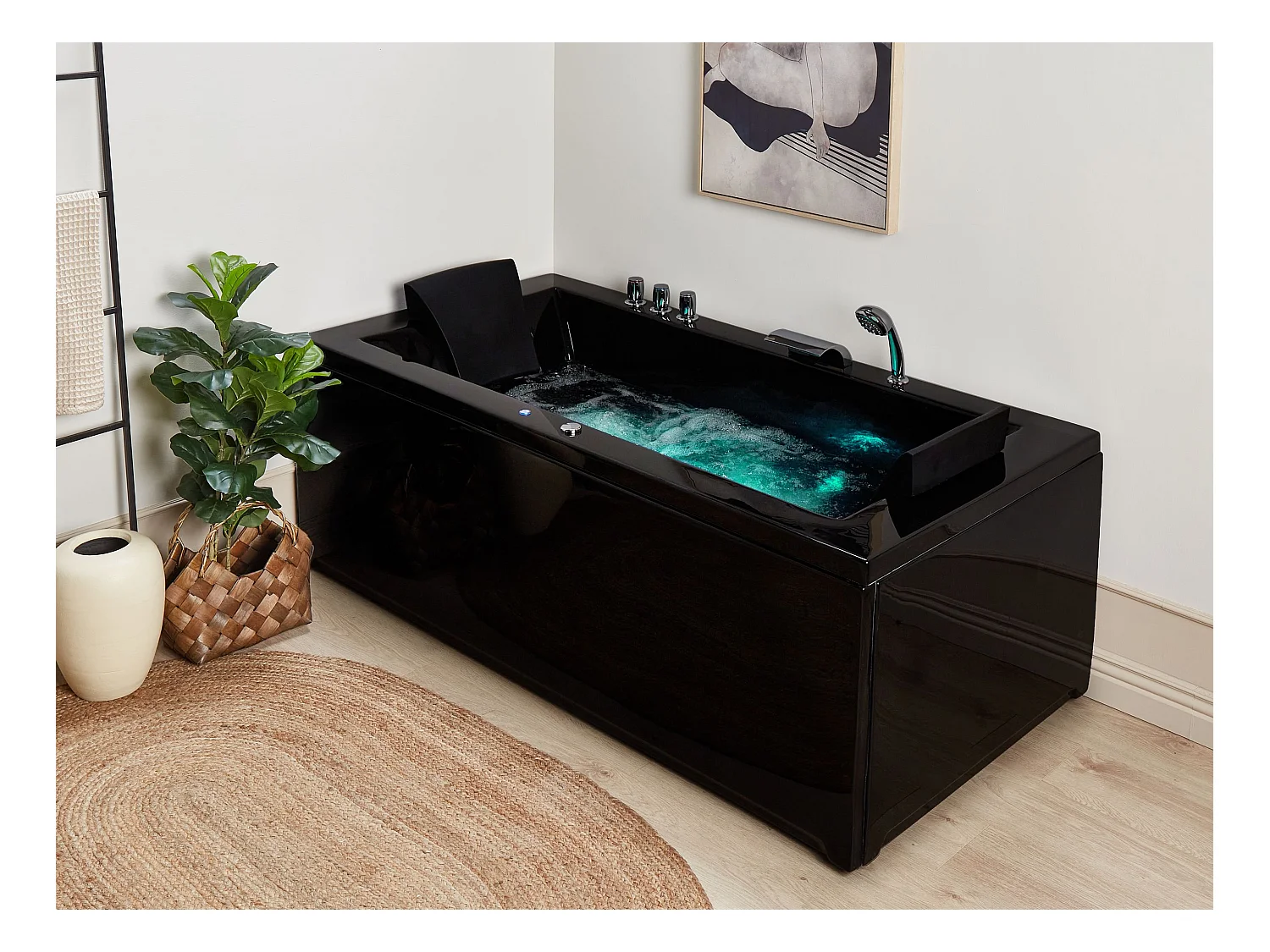 Baignoire d'angle à remous avec LED VARADERO Côté droit 183 x 90 cm Noir